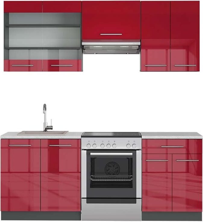 Vicco - Küchenzeile Fame-Line, Bordeaux Hochglanz/Anthrazit, 200 cm , ap Marmor