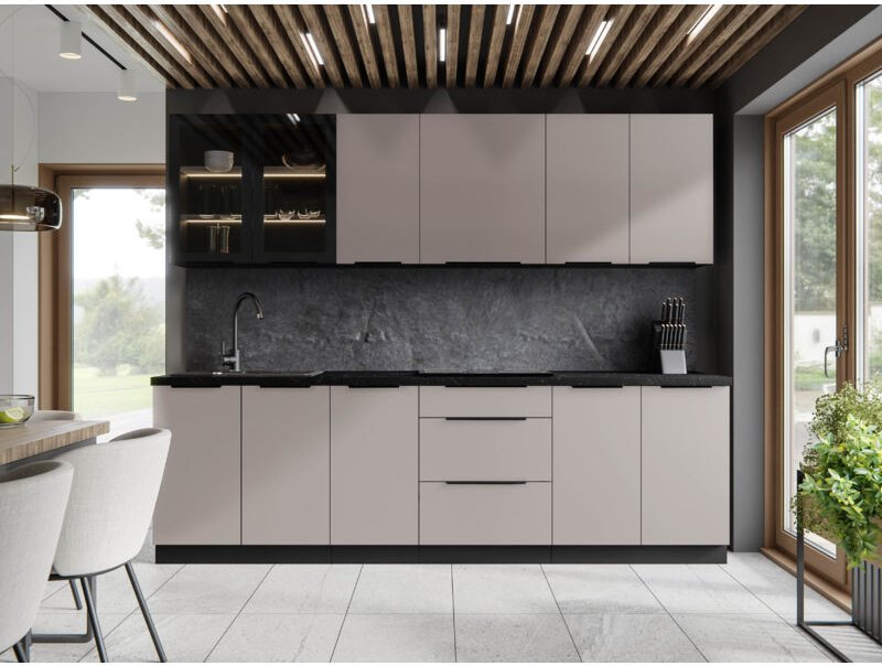 Kuchenmöbel-Set Lynette 260 cm Küchenzeile mit Hängeschränken Kaschmir-schwarz - Furnix