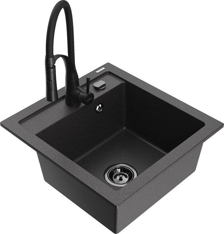 Vito 1-Becken-Granit-Spüle mit Mischbatterie Aster, Schwarz gesprenkelt - 6503-76-73450-70-B - Mexen