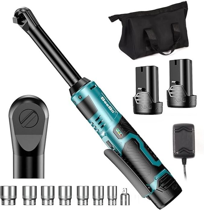 55N.m Akku Ratschenschlüssel, 15CM Akku Ratsche, 2x2000mAh Akkus Elektrischer Ratschenschlüssel, 3/8' 400 U/Min Kabellos...