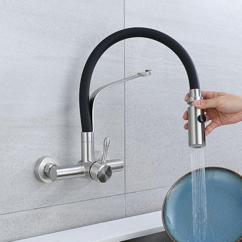 Einhebel-Küchenspültischarmatur zur Wandmontage, 2 Modi, gebürsteter Edelstahl (ohne Schläuche)