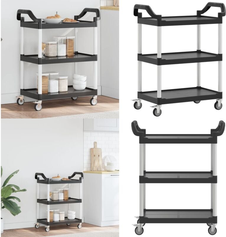 Rollwagen mit 3 Etagen Schwarz 81x41x92 cm Aluminium - Servierwagen - Küchenwagen - Rollwagen - Stauraum - Mobiliar - Ho...