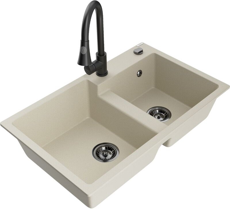Tomas 2-Becken-Granitspüle mit Mischbatterie Elia, Beige - 6516-69-670101-70 - Mexen
