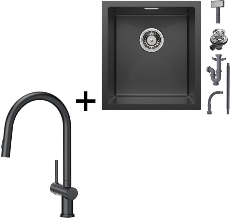 Cecipa Edelstahlspüle 40 x 44 cm Küchenspüle Schwarz Unterbauwaschbecken + 42.5cm Küchenarmatur ausziehbarer Schwarz Küc...