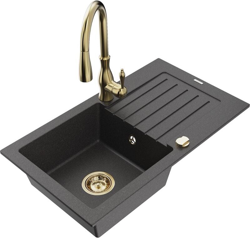 Pablo 1 Becken-Granitspüle mit Abtropffläche und Mischbatterie Savita, Schwarz gesprenkelt - 6 - Mexen
