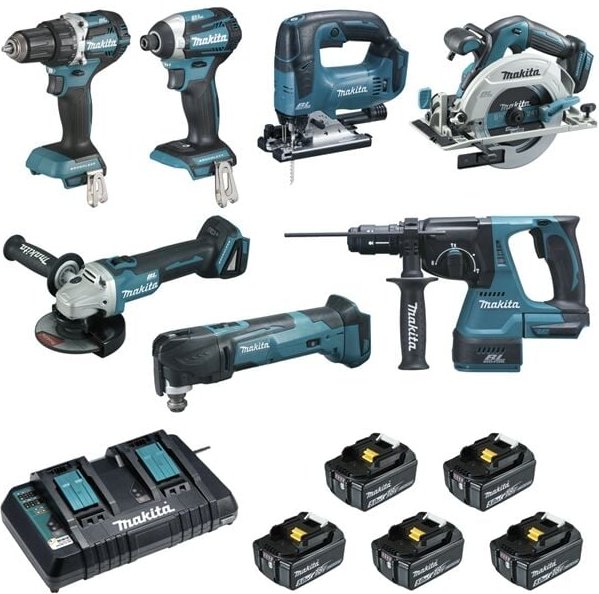 Makita - Packung mit 7 18-V-Maschinen – Bohrer DDF484 + Schraubendreher DTD154 + Schleifer DGA506 + Säge DHS680 + Locher...