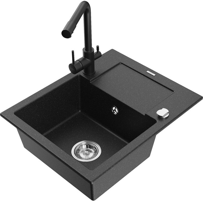 Enzo 1 Becken-Granitspüle mit Abtropffläche und Mischbatterie Duero, Schwarz/Silbermetallic - - Mexen