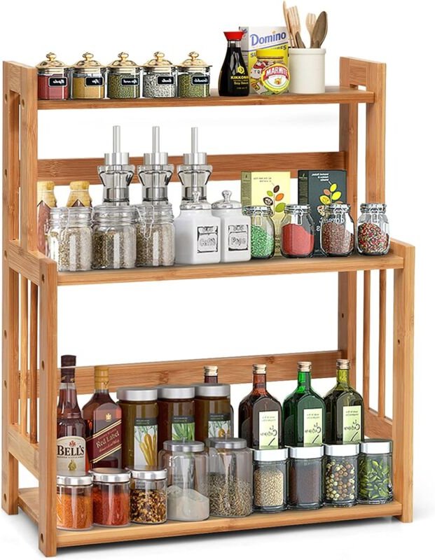Gewürzregal mit 3 Etagen, Gewürzstaender aus Bambus, Küchen Organizer mit VerstellbarerAblage, Gewürzstaender für Ordnun...