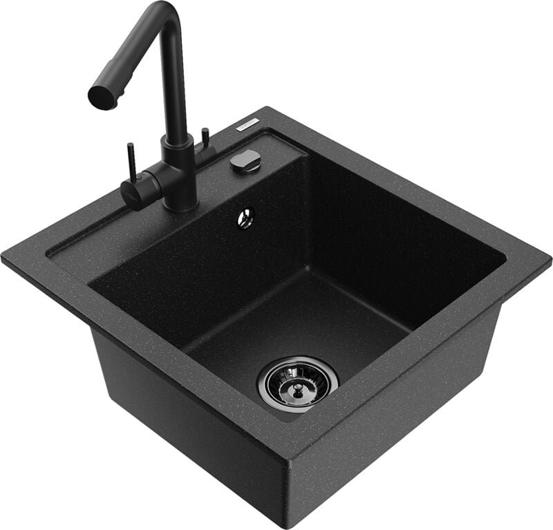 Mexen Vito 1-Becken-Granit-Spüle mit Mischbatterie Duero, Schwarz/Silbermetallic - 6503-73-671600-70