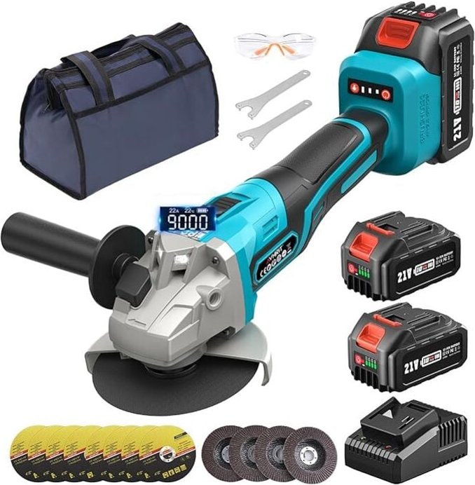 Thumbnail - Akku Winkelschleifer 125 mm, 21V Winkelschleifer mit 2PCS 4.0Ah Akkus & Ladegerät, 9000RPM Bürstenloser Motor Metallschl...