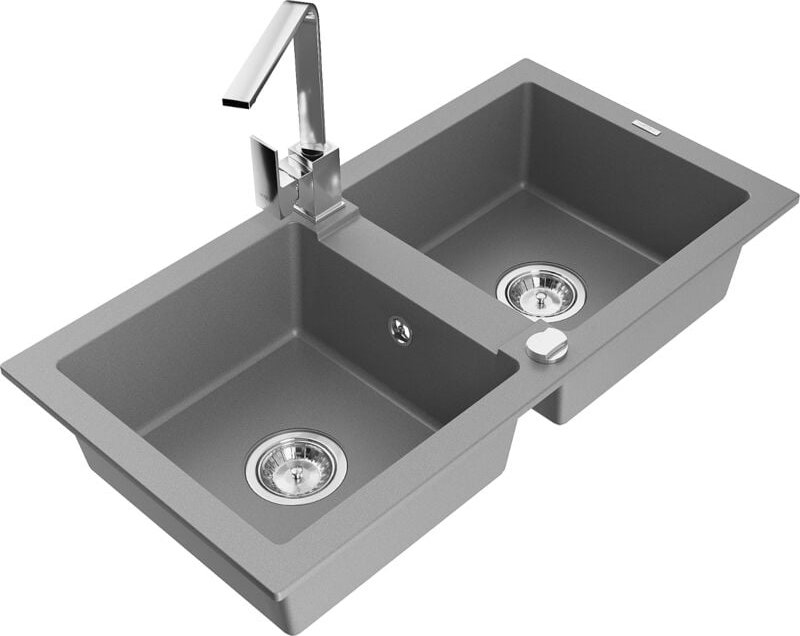 Mario 2-Becken-Granitspüle mit Mischbatterie Rita, Grau - 6504-71-670300-00 - Mexen