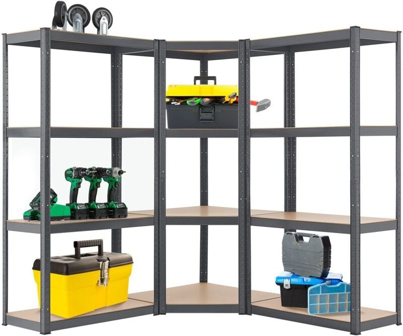 3er Metall Regalsystem Easy - 1 Eckregal & 2 Lagerregale - 12 mdf Holz Böden, 960 kg, verzinkt, Stecksystem - Schwerlast...