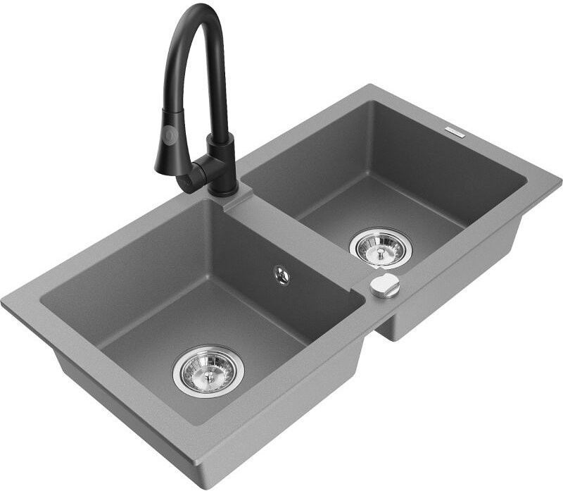 Mario 2-Becken-Granitspüle mit Mischbatterie Elia, Grau - 6504-71-670101-70 - Mexen