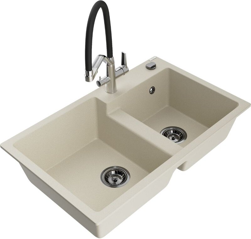 Mexen Tomas 2-Becken-Granitspüle mit Mischbatterie Duo, Beige - 6516-69-671701-07-B