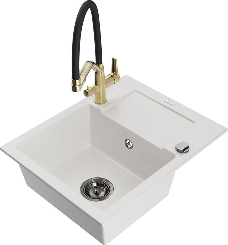 Enzo 1 Becken-Granitspüle mit Abtropffläche und Mischbatterie Duo, Weiß - 6506-20-671701-57-B - Mexen