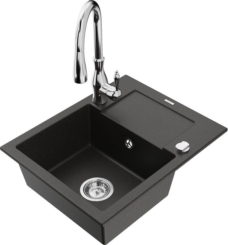 Thumbnail - Enzo 1 Becken-Granitspüle mit Abtropffläche und Mischbatterie Savita, Schwarz/Gold metallisch - Mexen