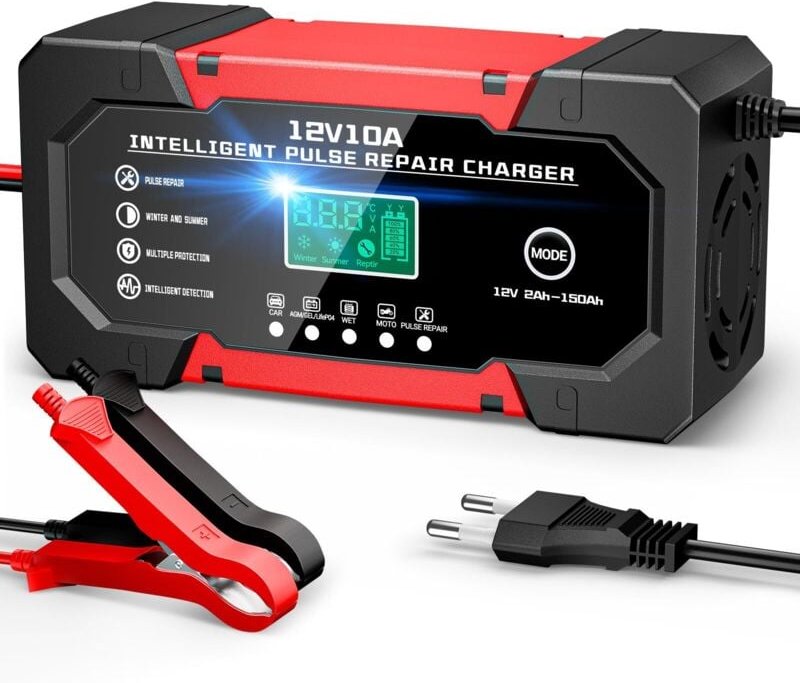 10 A 12 V LiFePO4 Autobatterieladegerät, intelligentes Ladegerät für Auto und Motorrad mit 5 Reparaturmodi, LCD-Display ...