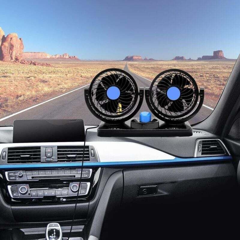 12V Elektro-Autolüfter 360° drehbarer Doppelkopf-Luftzirkulationslüfter, manuelle Drehung, 2 Geschwindigkeiten. (Zigaret...