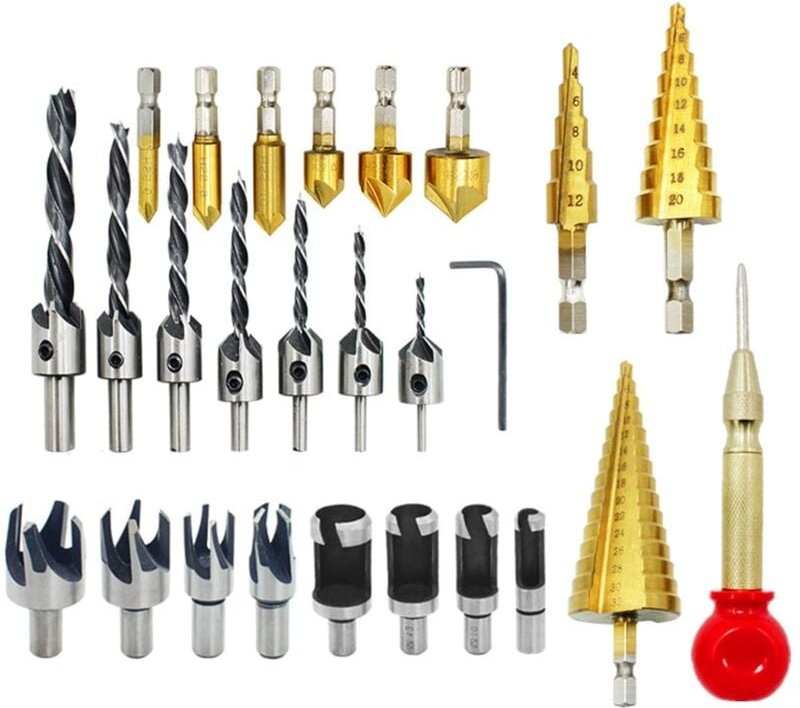 26-teiliges Senkbohrer-Set, Bohrwerkzeuge für die Holzbearbeitung, einschließlich 8 Holzdübelschneider, Dreispitzbohrer ...