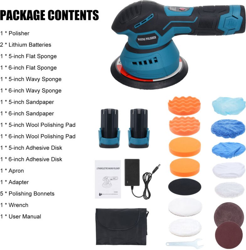 Zoternen - Akku-Polierset für Autos, 5 Zoll/6 Zoll Autowachsgerät mit 2 wiederaufladbaren 12-V-Akkus, 8 variable Geschwi...