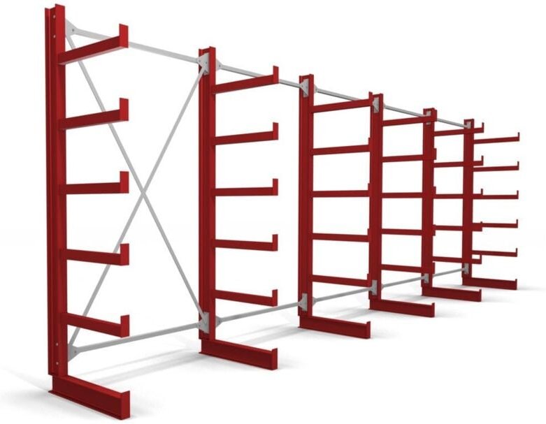 Kragarmregal einseitig 5 Felder mit 5 Ebenen 6500x2000x500mm feuerrot - Stier