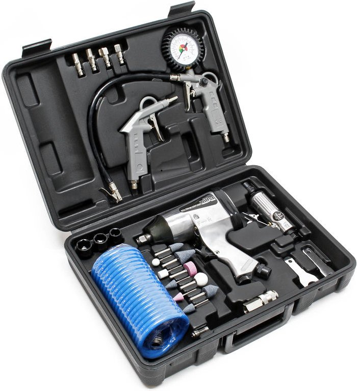Wiltec - Druckluftwerkzeug-Set 27tlg inklusive Druckluftpistole und zahlreichem Zubehör