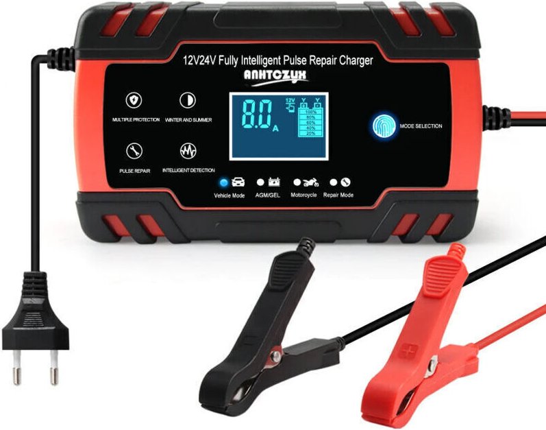 Thumbnail - Odipie - 8A 12V/24V Autobatterieladegerät, tragbar mit LCD-Display, geeignet für Autos, Motorräder und LKWs (Schwarz, Ro...