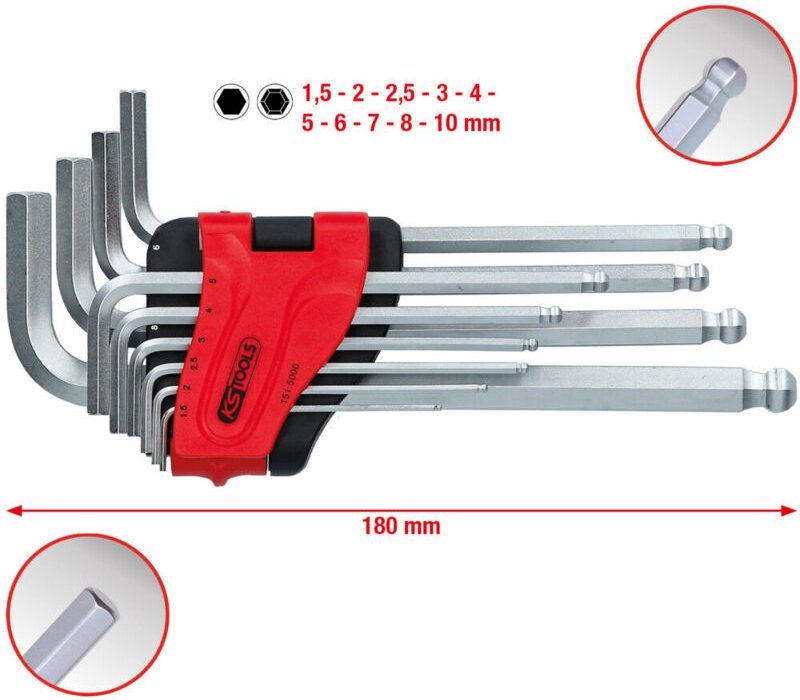 Ks Tools Kugelkopf-Innensechskant-Winkelstiftschlüssel-Satz, lang, 10-tlg - 151.5000