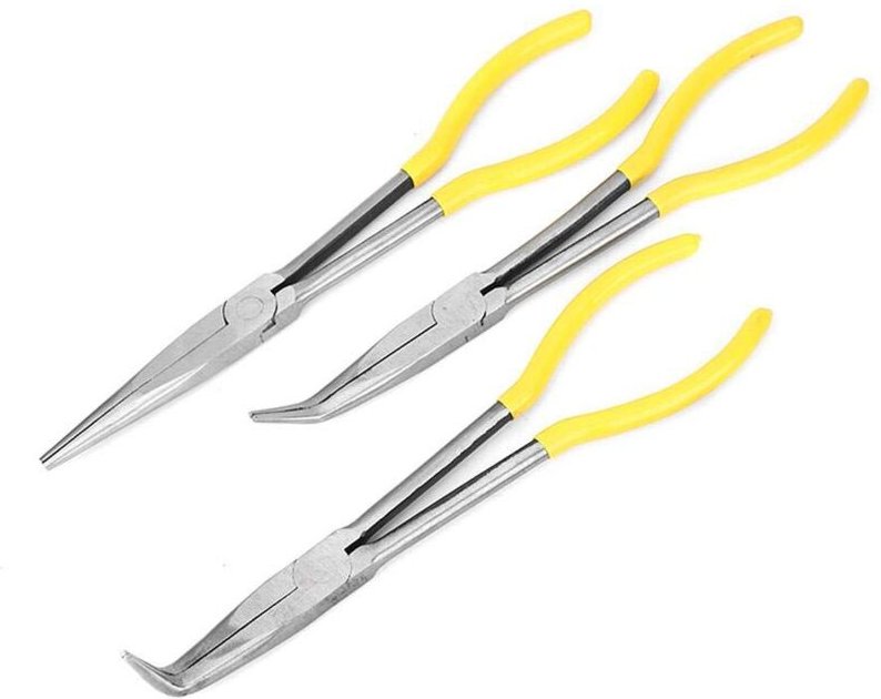 3-teilige Spitzzange aus Kohlenstoffstahl, extra lange Zange mit gerader, abgewinkelter Spitze für Elektriker, Bastelwer...