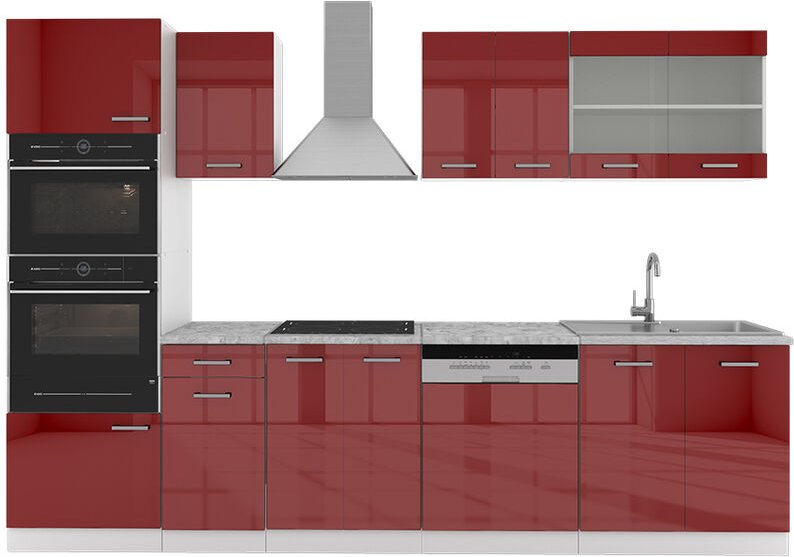 Vicco - Küche R-Line, Bordeaux Hochglanz/Weiß, 300 cm mit Hochschrank, ap Marmor