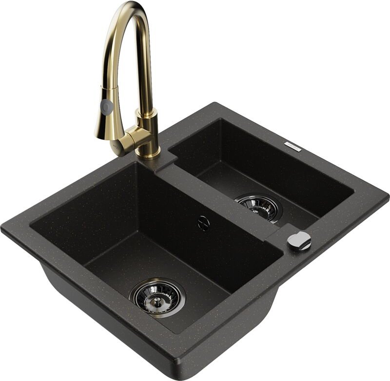 Mexen Carlos 1,5-Becken-Granitspüle mit Mischbatterie Elia, Schwarz/Gold metallisch - 6518-75-670101