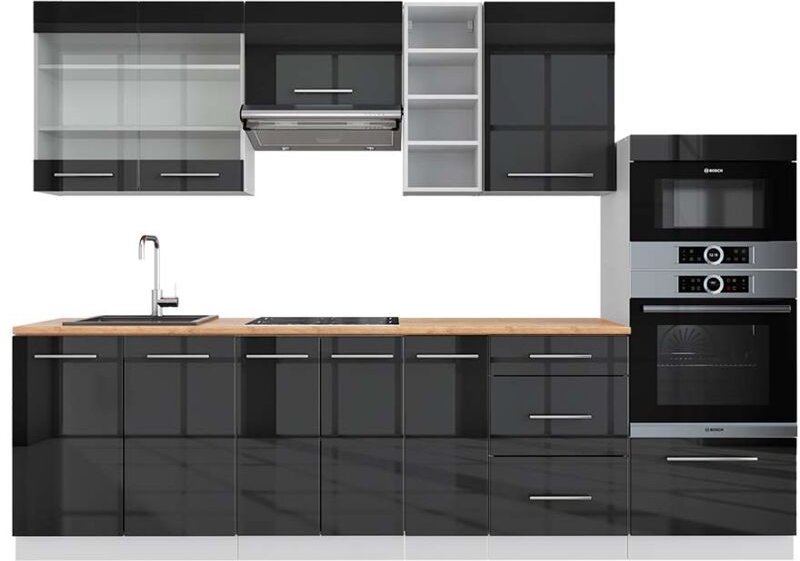 Küchenschränke Fame-Line, Anthrazit Hochglanz/Weiß, 280 cm , AP Eiche, Vicco