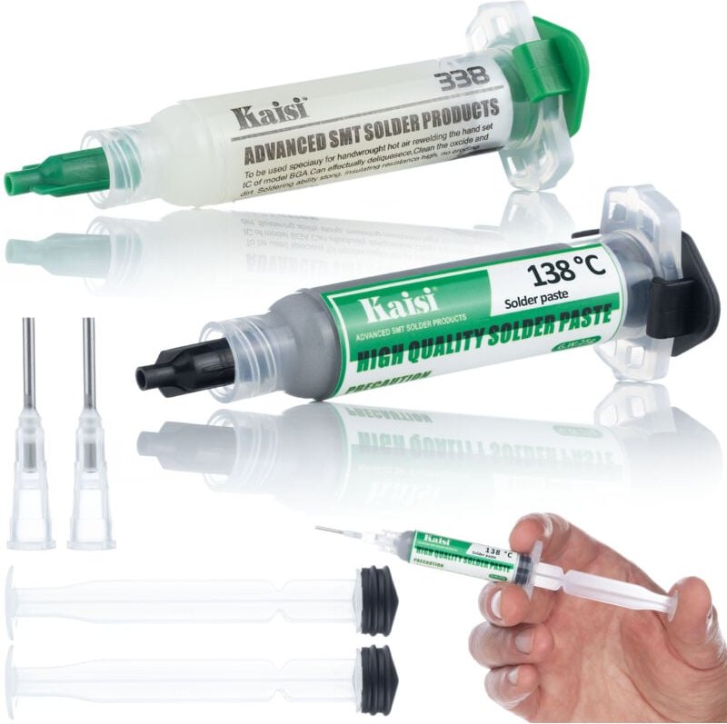 Flussmittel 338 Lötset + Flüssigzinn 138°C +2x Kolben, 2x Nadel