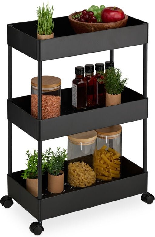 Rollwagen, 3 Etagen, Servierwagen, Küchenwagen, Bad & Büro, Rollregal, HxBxT: 65 x 39,5 x 21,5 cm, schwarz - Relaxdays