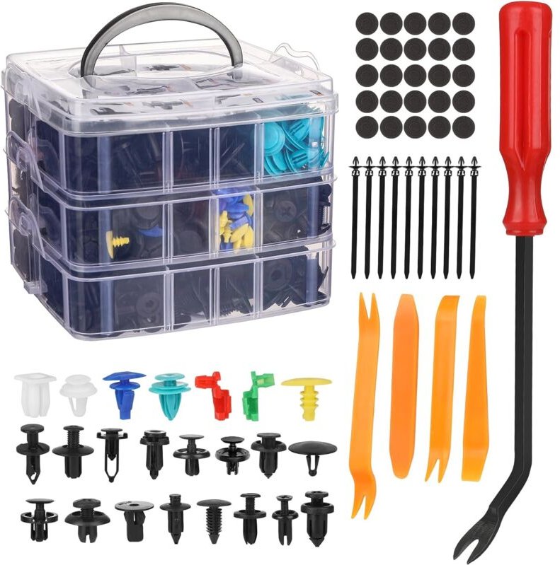 Packung mit 725 Auto-Befestigungsklammern aus Kunststoff mit Werkzeug, Kabelbindern und Schwammkissen für die universell...