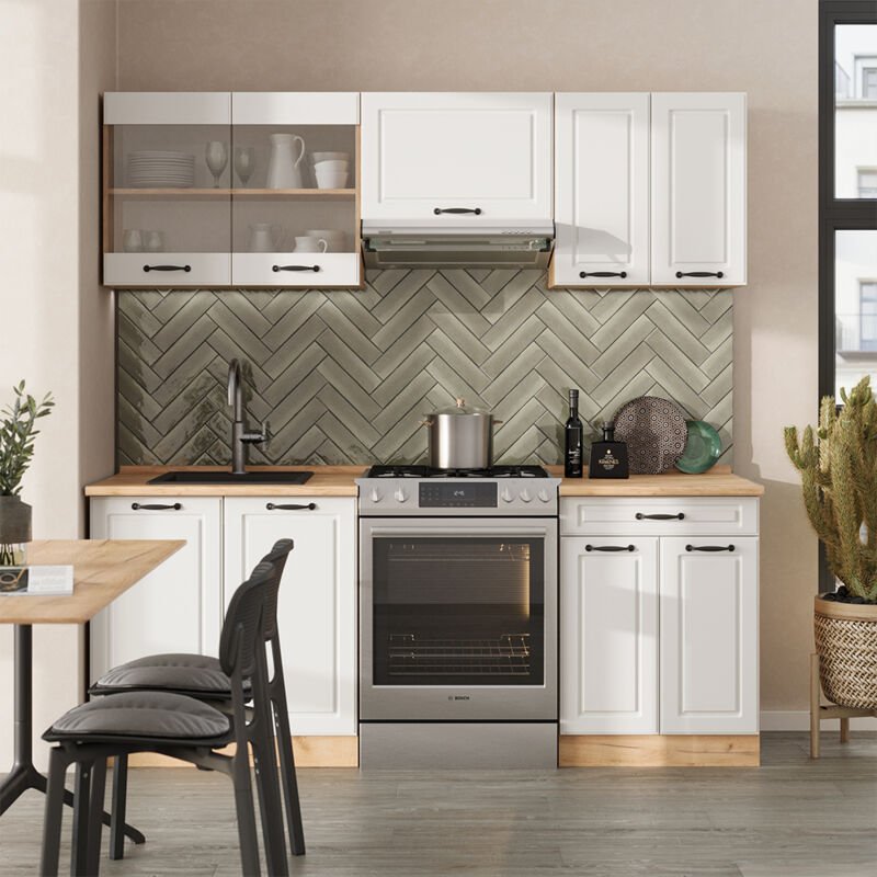 Vicco - Küchenzeile R-Line, Weiß Landhaus/Goldkraft Eiche, 200 cm , ap Eiche