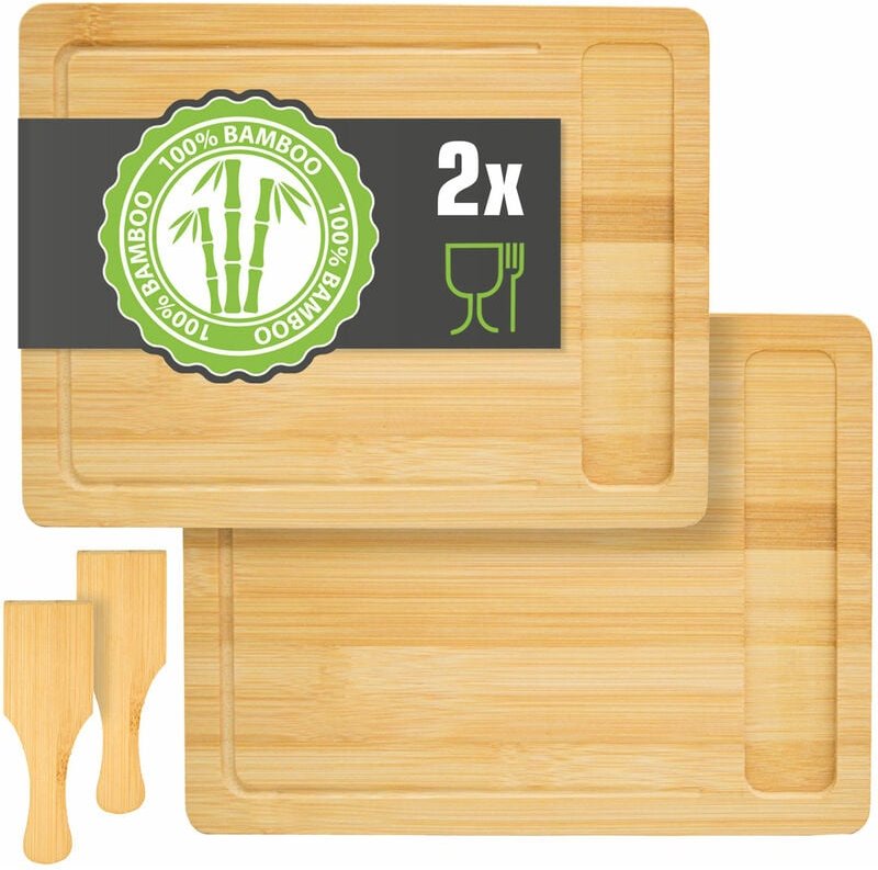 Dunedesign - Mit Auffangschale: 2er Set Schneidebrett Bambus 30x22 Holzbrett Frühstücksbrett