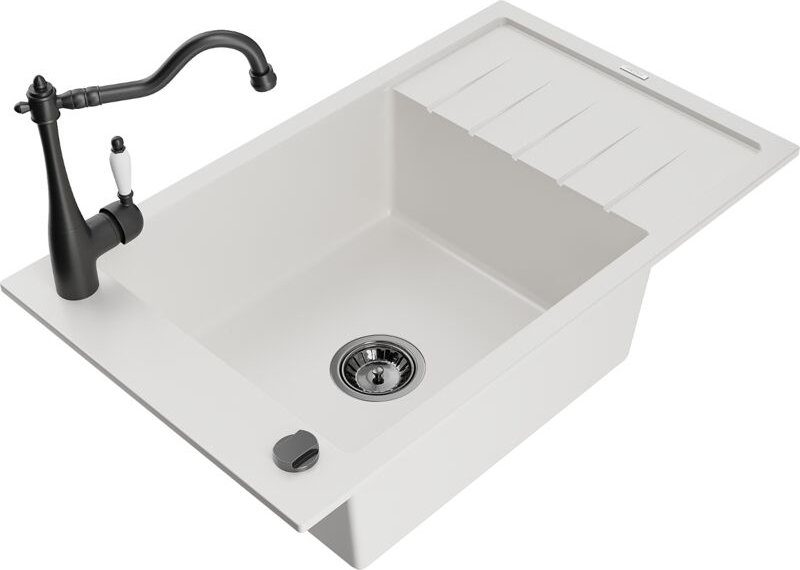 Elias 1 Becken-Granitspüle mit Abtropffläche und Mischbatterie Carla, Weiß - 6511-20-670700-70 - Mexen