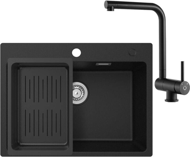Thumbnail - Cecipa - Fregadero Cocina 1 Seno 60 x 45 cm con Grifo Abatible, Fregadero Negro 1 Seno con Cestillo Colador, Fregadero d...