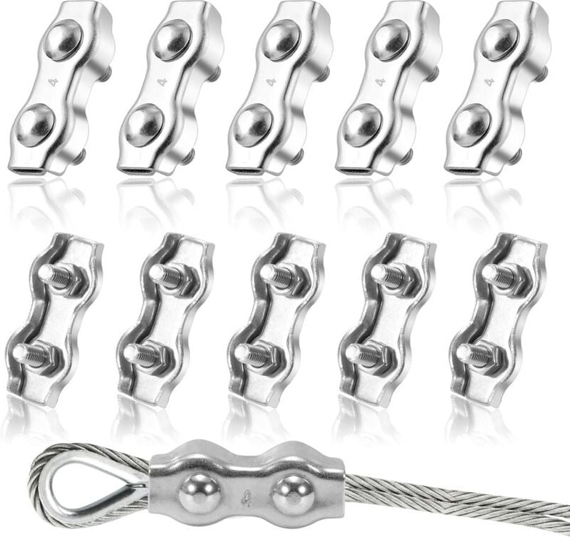Duplex-Kabelclips M4 304 Edelstahl-Kabelklemme für feste 4-mm-Drahtseile, Wäscheleinen, Sonnensegel, 8 Stück