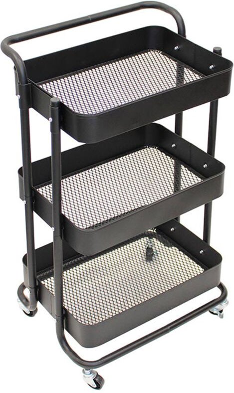 Perel - Küchenwagen Metall Schwarz auf Rollen mit 3 Körben, Höhe 84cm