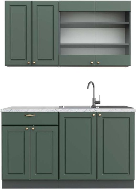 Vicco - Singleküche Fame-Line, Grün-Gold Landhaus/Anthrazit, 140 cm , ap Marmor