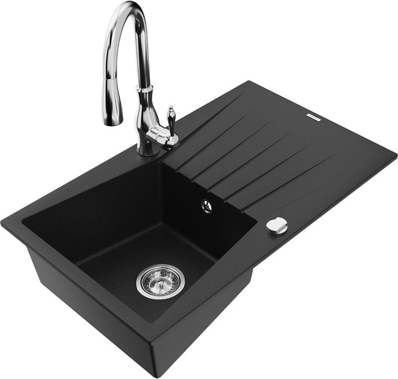 Cesar 1 Becken-Granitspüle mit Abtropffläche und Mischbatterie Savita, Schwarz - 6514-77-67260 - Mexen