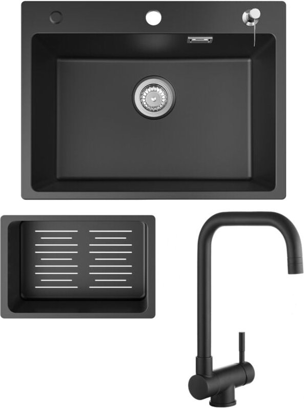 Küchenspüle 60x45cm Granitspüle Anthrazitschwarz Mit Seifenspender + Fenster-Küchenarmatur Schwarz Hohe 355MM
