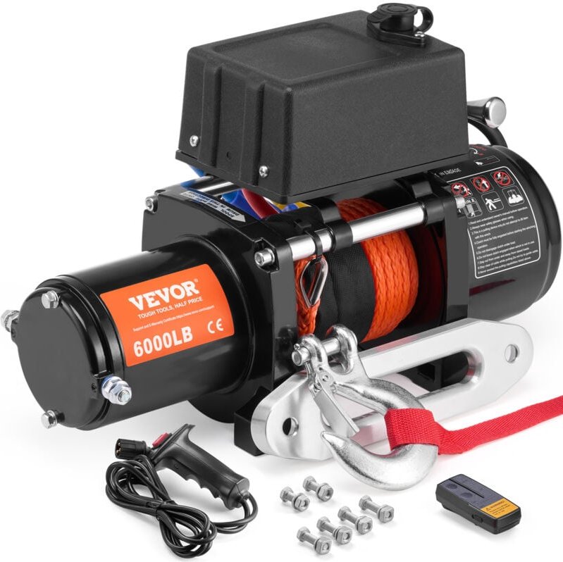 Thumbnail - Elektrische Seilwinde, 6000 lb Tragkraft, 12 v dc für LKWs mit 1/4 Zoll x 55 Fuß Synthetikseil, Aluminium-Seilführung, z...