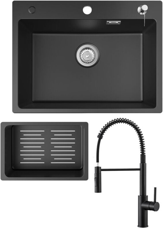 Cecipa Max - Küchenspüle 60x45cm Granitspüle Anthrazitschwarz Mit Seifenspender + Feder-Küchenhahn Schwarz Mit 2 Strahla...