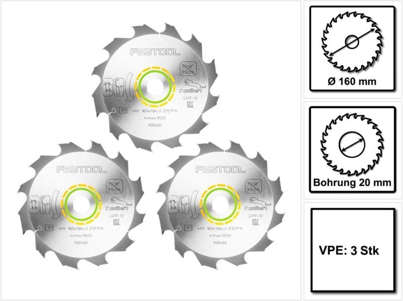 Festool 3x Panther Kreissägeblatt PW12 Holz 160 x 1,8 x 20 mm 160 mm 12 Zähne ( 3x 500460 ) HKC TS