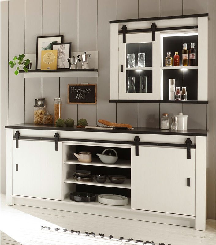 Thumbnail - Küchen Set mit Spültisch ca. 200 cm, Hängeschrank und Regal SHELTON-61 in Pinie weiß Nb. mit anthrazit