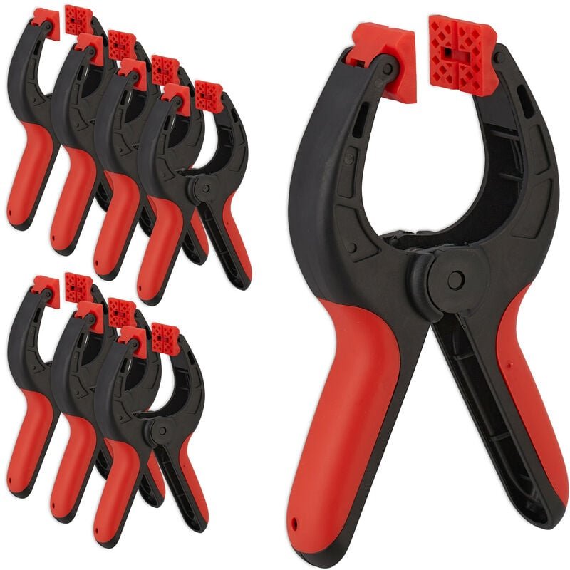 Klemmzwingen 8er Set, 7cm Spannweite, 13kg Spannkraft, rutschfeste Griffe, rotierbare Klemmbacken, schwarz/rot - Relaxda...