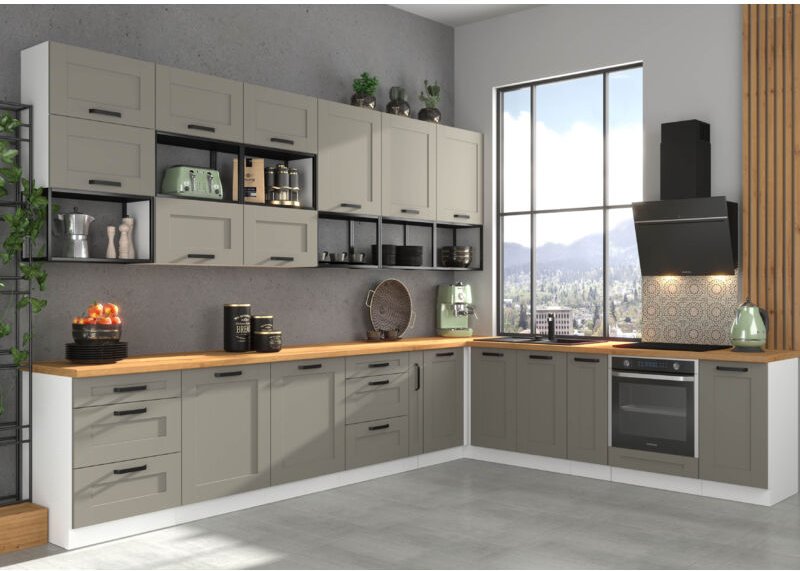 Küchenmöbel Set Isladora 360x270 cm mit Hängeschränken Grau und Weiß - Furnix